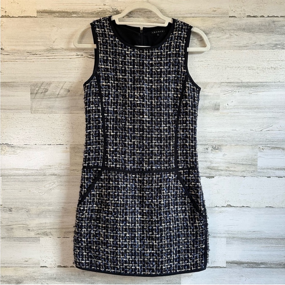 Theory Tweed Wool Blend Sleeveless Mini Sheat Dress with Pockets Sz 0 Black